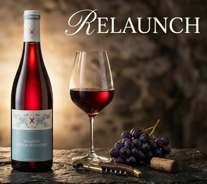 Wein im Revier Relaunch – Rotweinglas, Flasche und Trauben mit Relaunch-Schriftzug