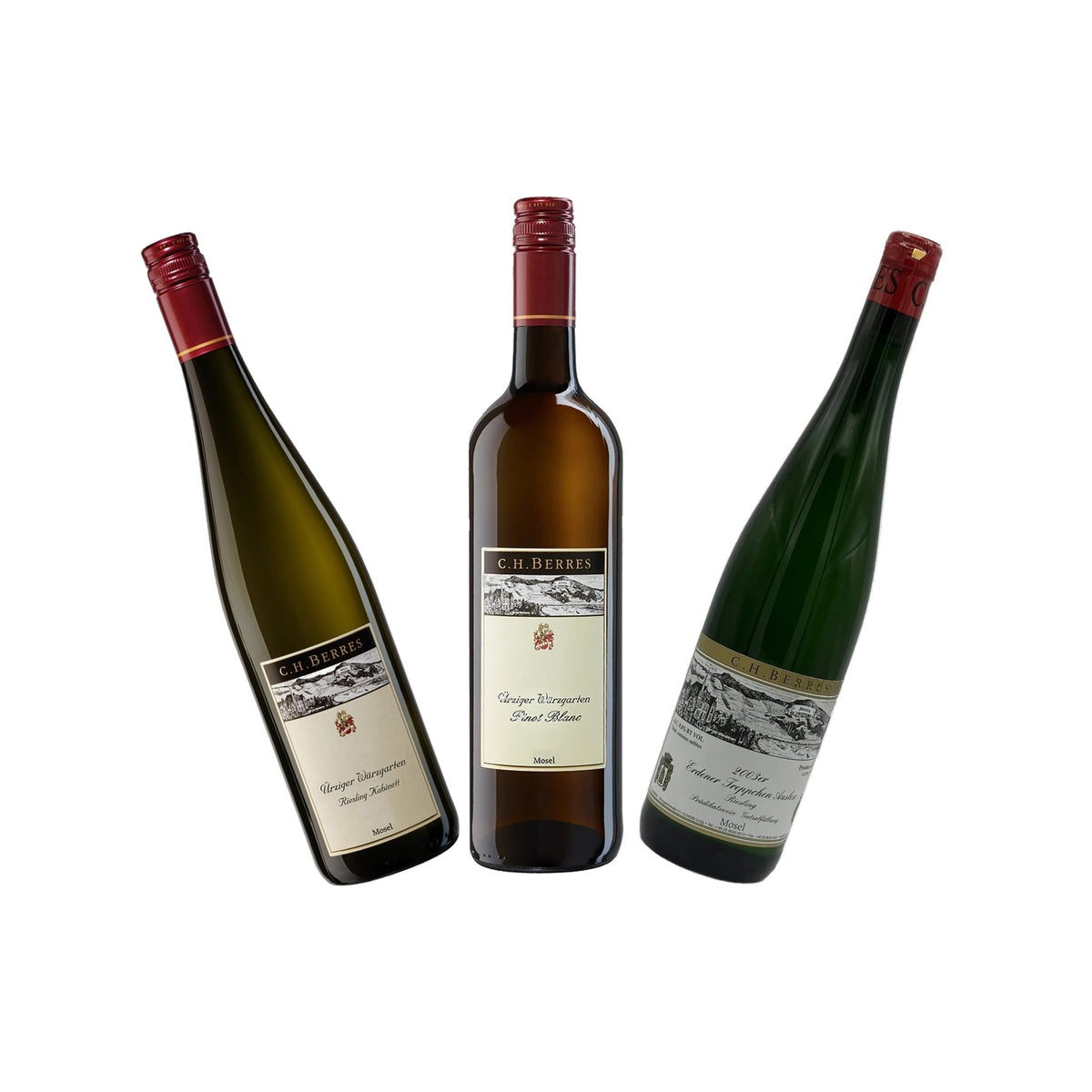 Weinpaket Mosel-Zeitreise - drei Flaschen symmetrisch angeordnet